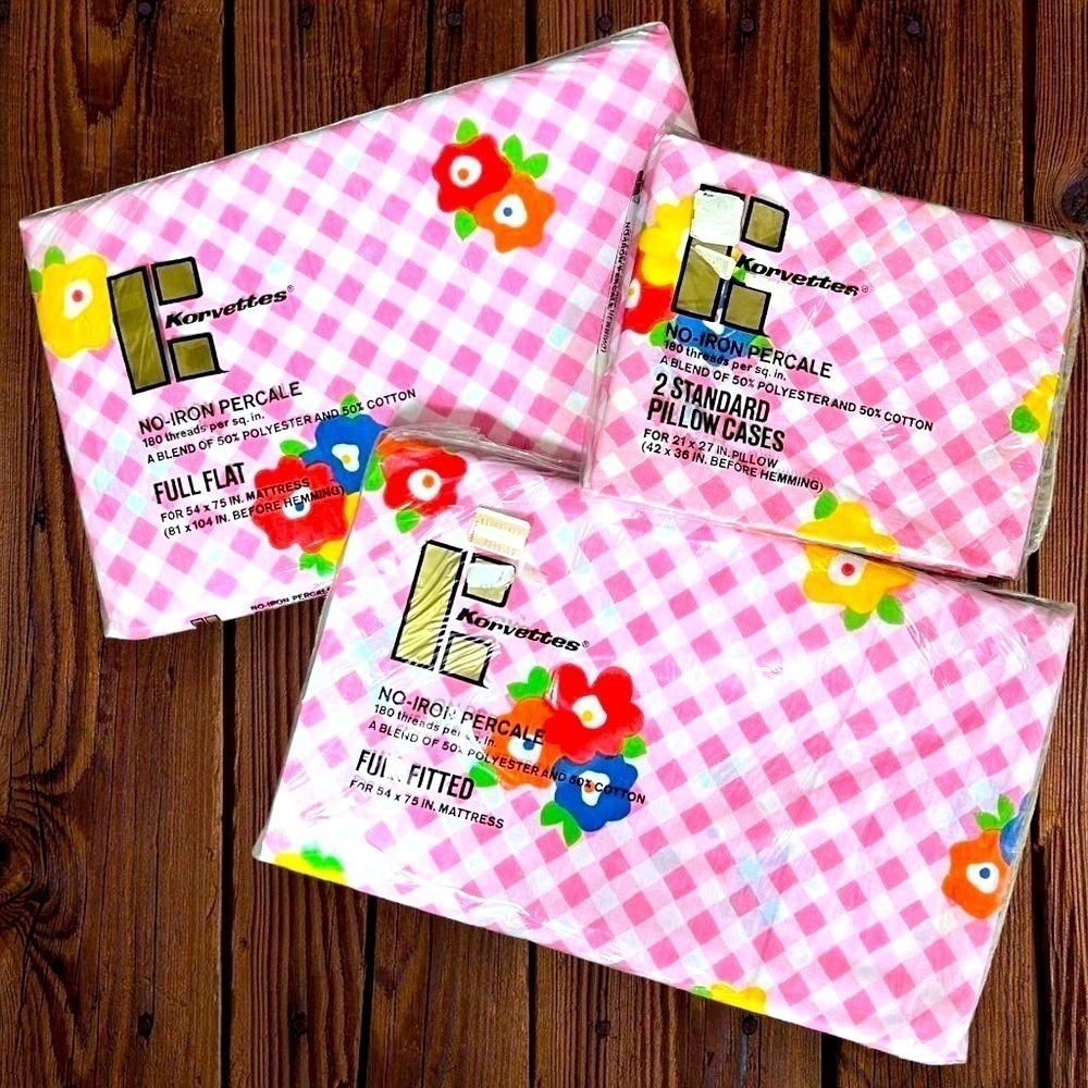 Vintage Korvettes Pink Gingham Floral Twin Sheet Set 4 Pc NOS Retro
